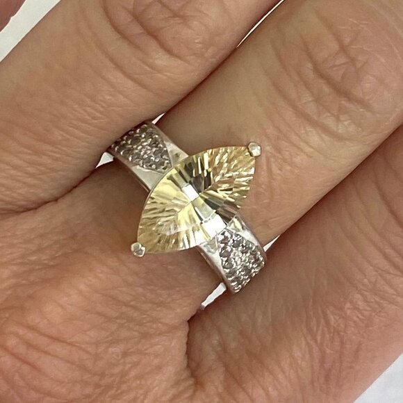 Sterling Silver 925 BBJ Marquise Faceted Yellow CZ & Clear Spinel Accent Ring - Picture 11 of 16